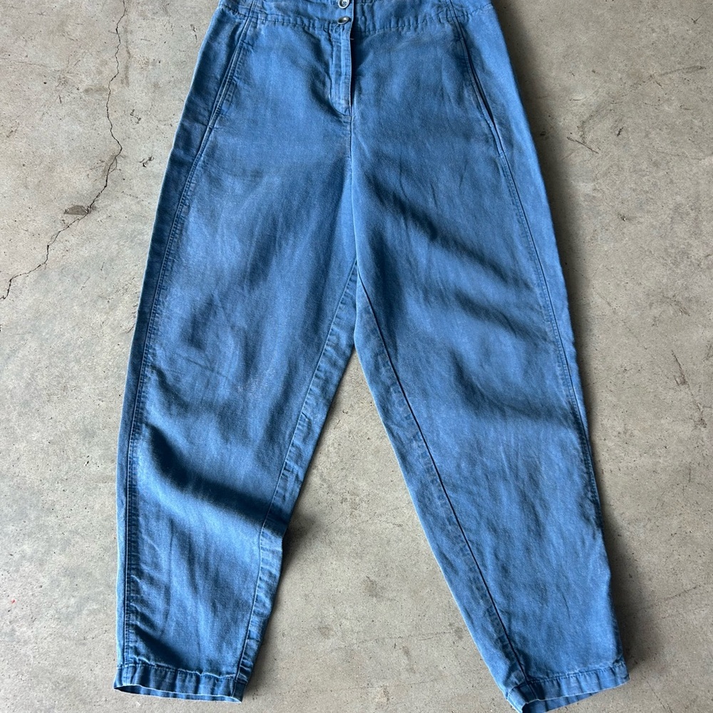 Ischiko Women's High Waisted Medium Blue Linen Trousers Tapered